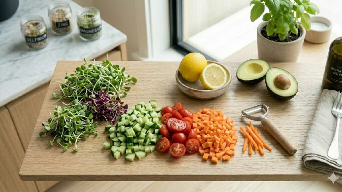 “Fresh vegetables prepared for microgreen salad.”