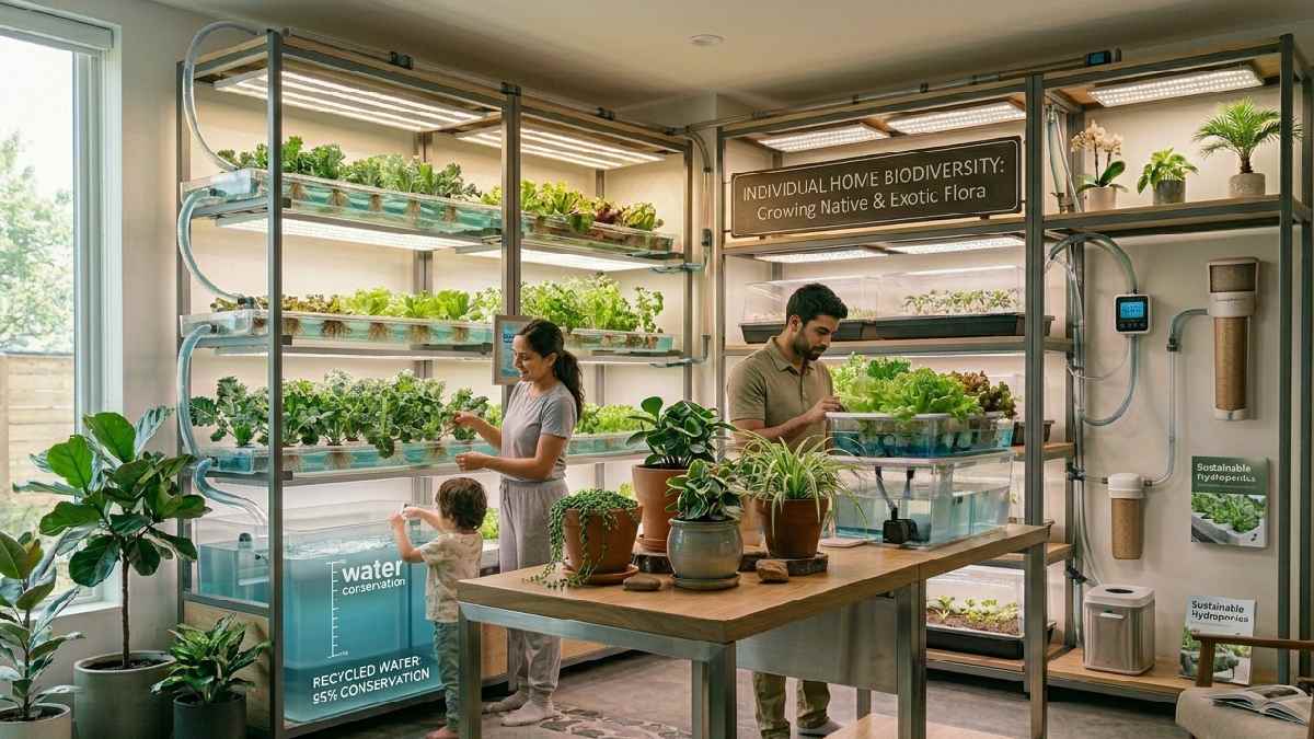 A hydroponic indoor gardening system with water recycling channels and healthy green plants showing efficient and sustainable water use at home. 