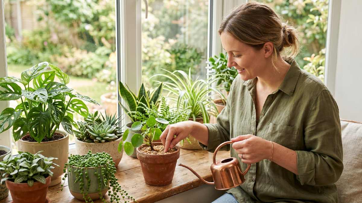 A person gently watering a potted plant while checking soil moisture showing the right balanced watering technique for healthy plant growth at home. 