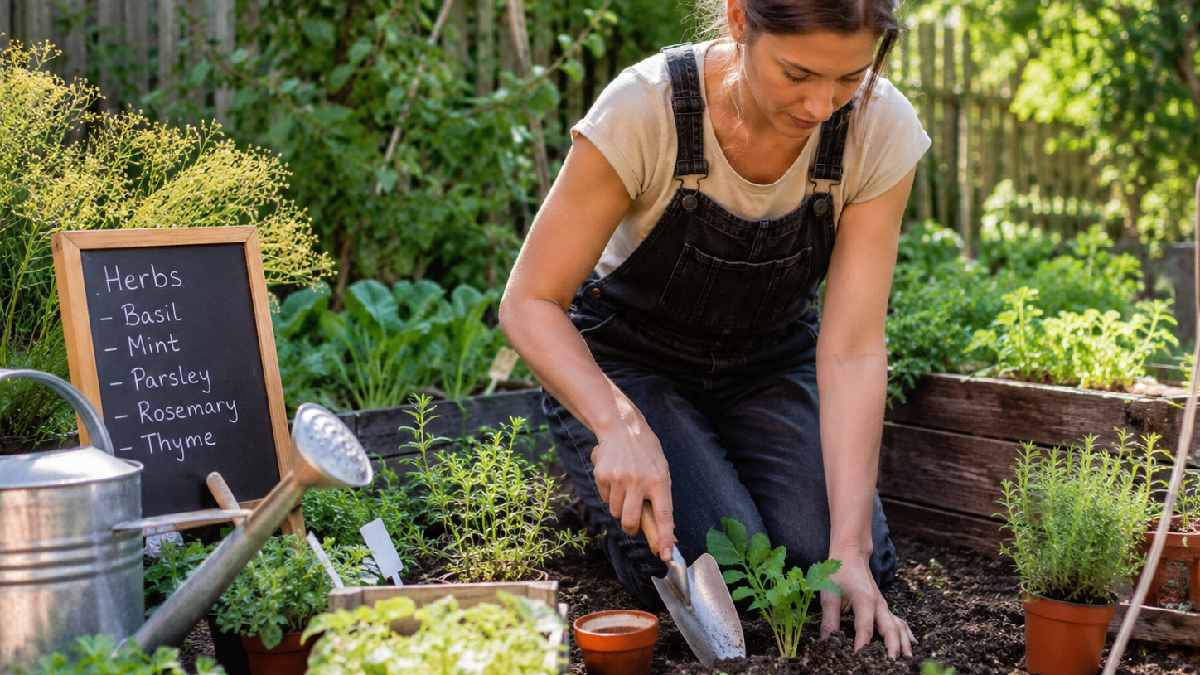 A beginner gardener learning basic gardening words while working with plants, soil, and tools in a fresh home garden.