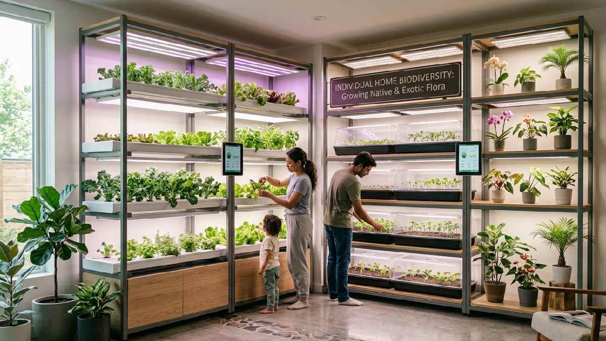 A modern indoor gardening system with soil trays, hydroponic racks, and grow lights in a bright home corner showing controlled plant growth. 
