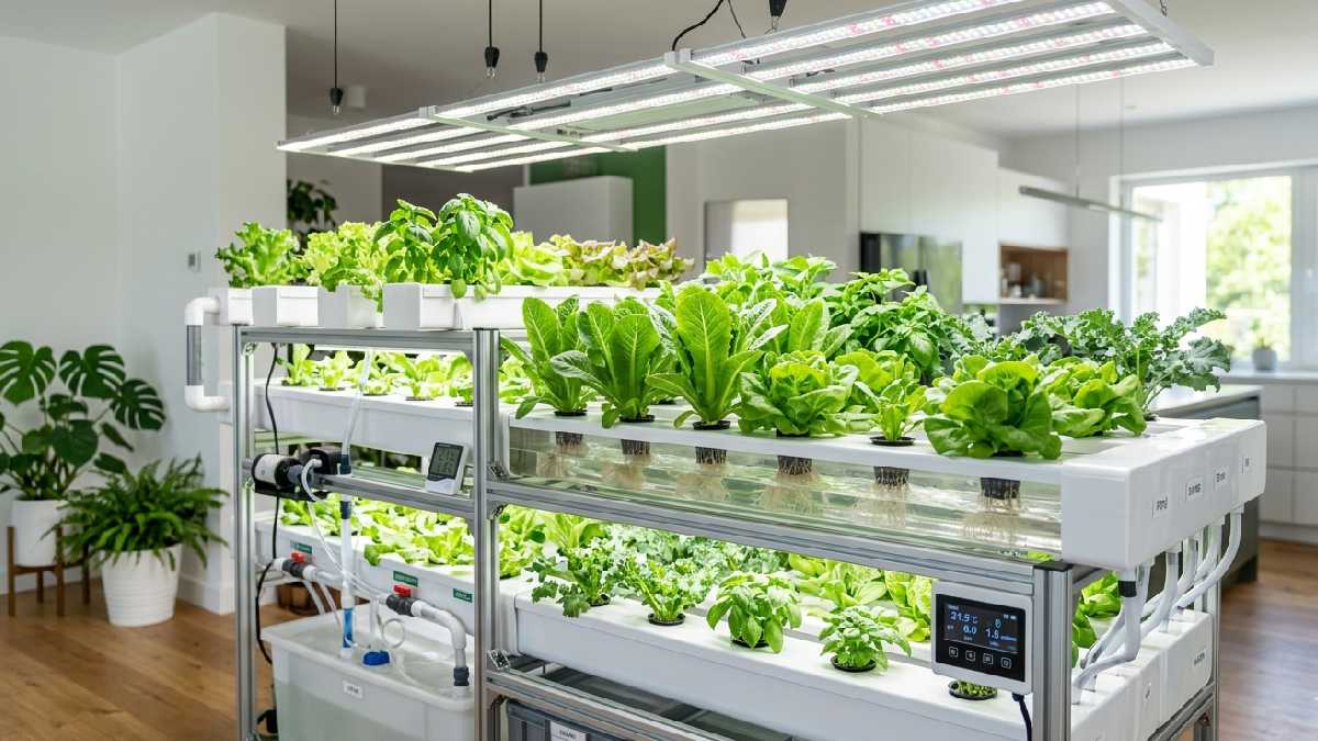 A modern indoor hydroponic garden with green plants growing in nutrient water channels under bright grow lights without any soil. 