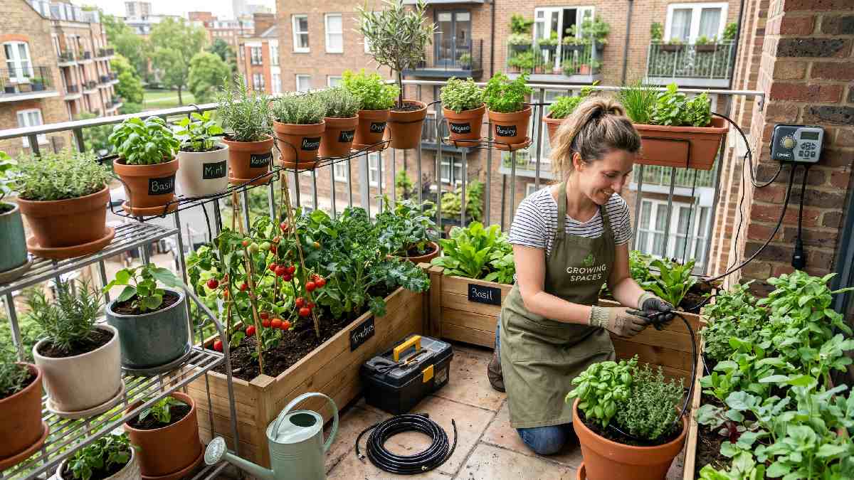An urban gardening service expert setting up herb pots and vegetable containers on a city apartment balcony showing professional small space gardening help. 
