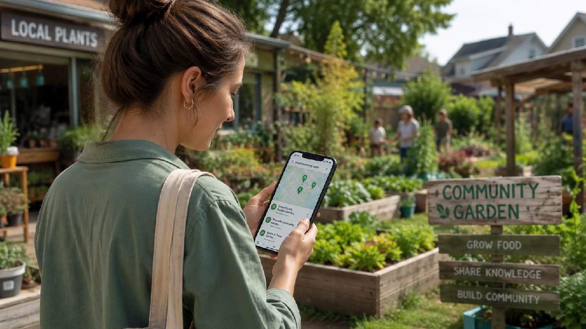A person searching for local gardening on a smartphone with a nearby community garden visible showing what gardening near me means in a neighborhood. 