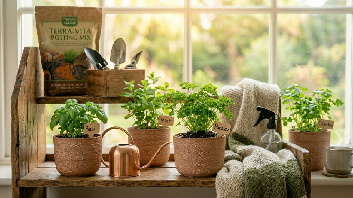 Small pots of basil, mint, parsley, and cilantro arranged on a wooden shelf near a window creating a cozy indoor herb garden corner. 