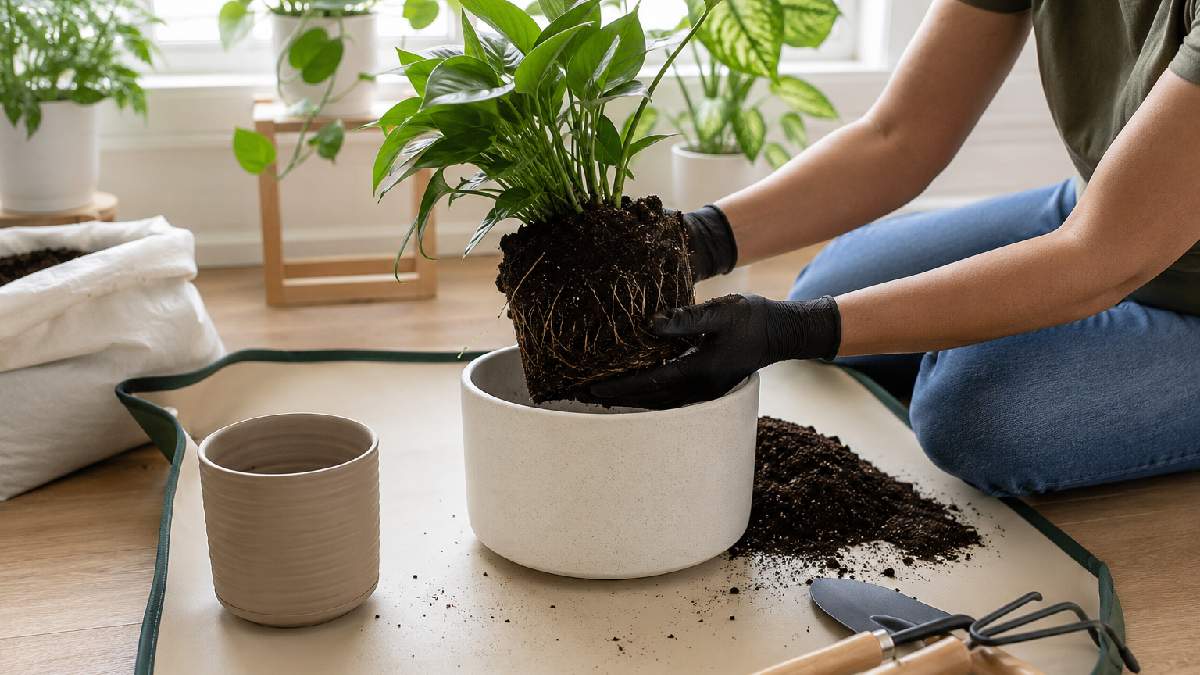 A gardener using a gardening mat for repotting indoor plants keeping soil and debris neatly contained in a clean organized home workspace. 