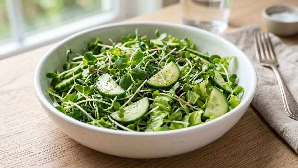 A microgreen salad made from young harvested plant shoots mixed with cucumber and lettuce showing a fresh colorful healthy meal.