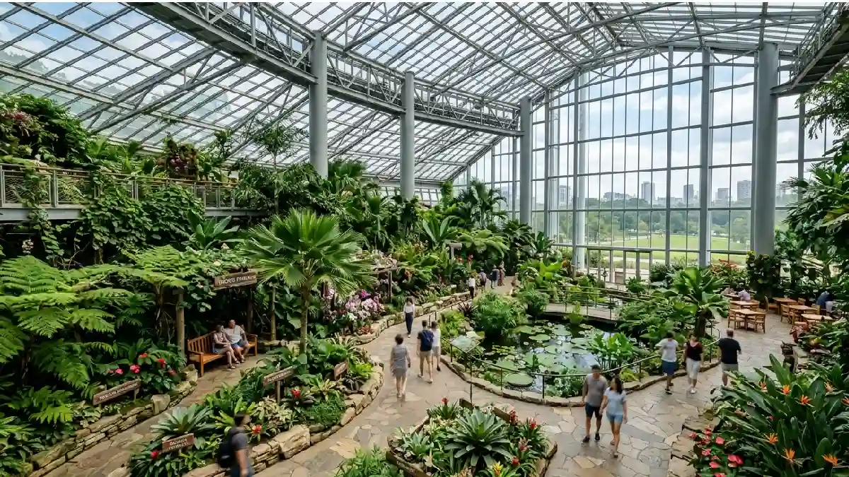 A beautiful indoor botanical garden with diverse tropical green plants growing under a glass ceiling in a peaceful humid natural atmosphere. 