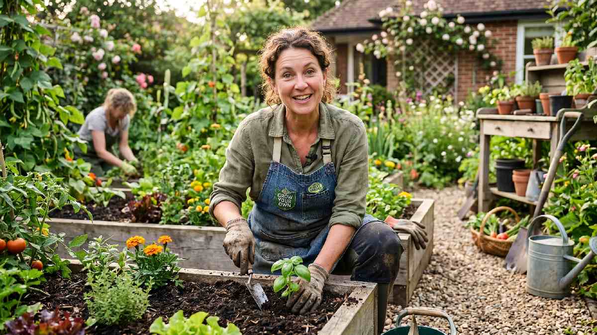 A gardening show host teaching practical planting tips and real garden solutions in a natural outdoor setting for everyday viewers.