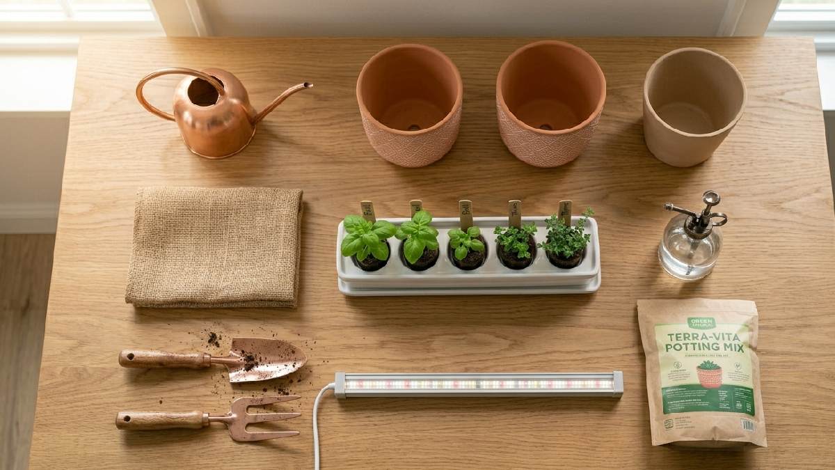 Basic indoor herb gardening essentials including pots, soil, seedlings, and a watering can arranged on a wooden table ready to start. 