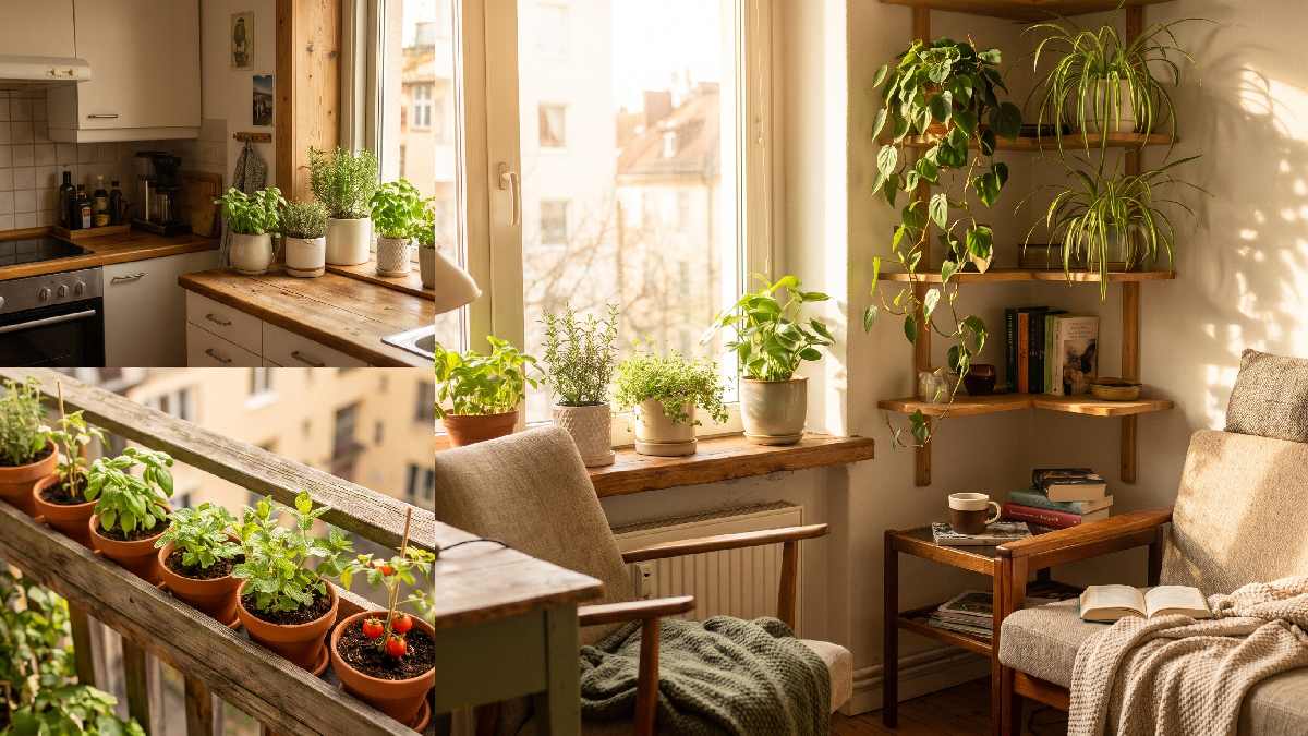 A cozy apartment with green plants on a balcony, kitchen windowsill, and indoor shelves showing simple creative apartment gardening in small city living spaces. 