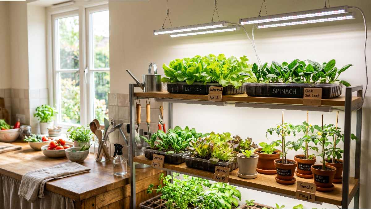 A small indoor vegetable gardening setup with lettuce, spinach, and tomato plants in containers under LED lights inside a bright home kitchen. 