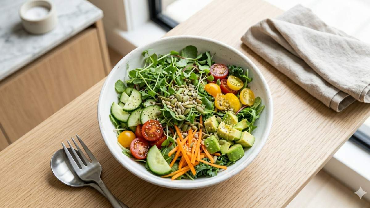“Fresh microgreen salad with vegetables served in a bowl.”