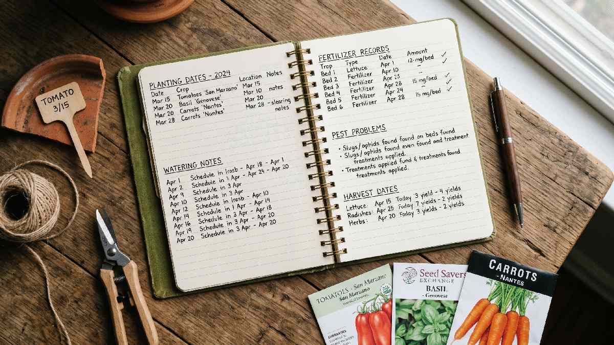 An open gardening journal with written sections for planting dates, watering notes, and harvest records beside seed packets showing what to include for better plant care.