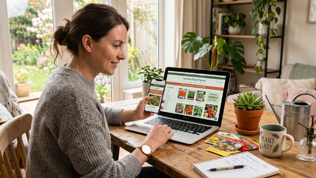 A person browsing online gardening stores on a laptop with discount voucher banners visible on screen showing where to find gardening vouchers online easily. 