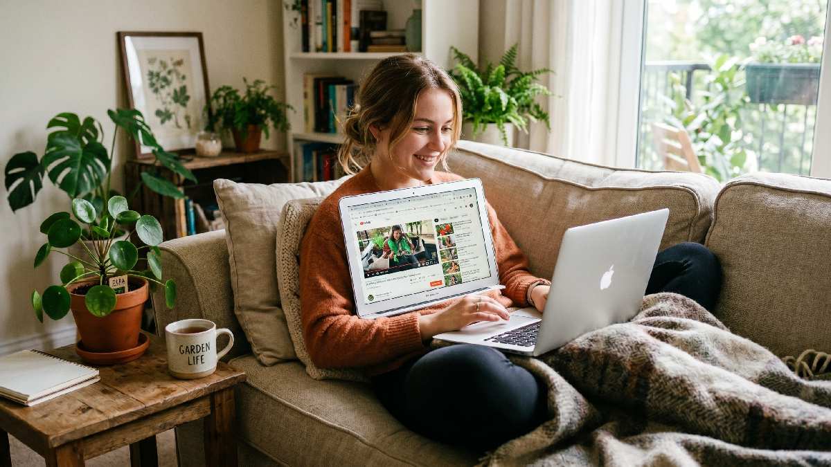 A person watching gardening shows online on a laptop through YouTube and streaming platforms from a comfortable cozy home setting.