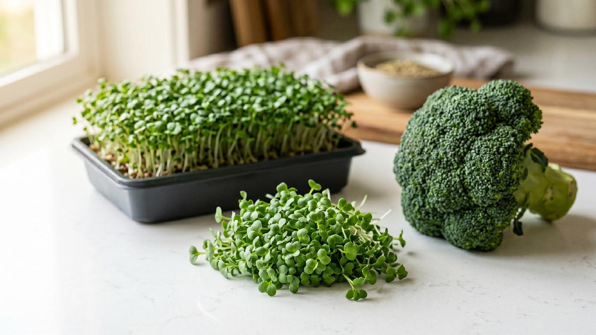 Fresh broccoli microgreens in a tray beside a mature broccoli head showing how tiny early stage shoots carry strong superfood nutritional density.