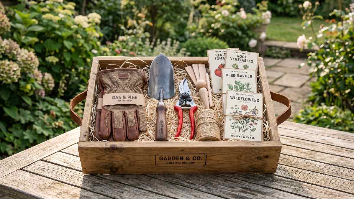 A gardening gift set for men with gloves, trowel, pruning shears, and seed packets in a wooden box showing a practical and useful present for everyday gardening.