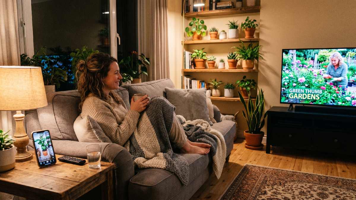 A person watching a popular gardening show at home surrounded by indoor plants feeling relaxed and inspired to start gardening.