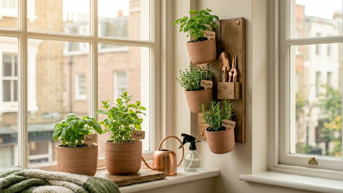 Mint and basil pots on a narrow windowsill and vertical herb rack showing a practical indoor herb garden in a small apartment space. 