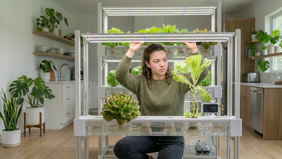 A person adjusting LED grow light height above indoor hydroponic plants showing correct lighting distance for healthy stable plant growth. 