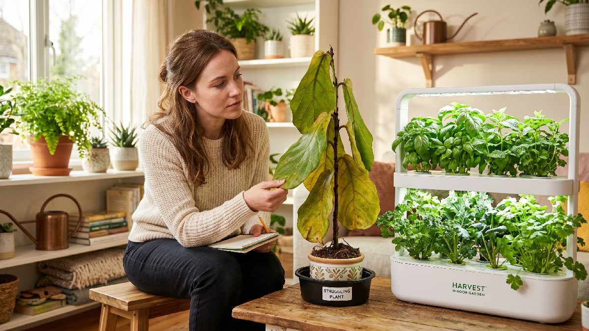 A struggling oversized plant in a small indoor system beside healthy herbs showing the impact of wrong plant selection for indoor gardening. 