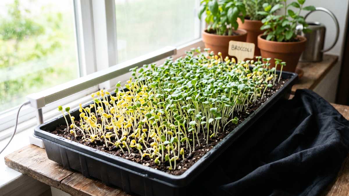A broccoli microgreen tray with pale yellow seedlings turning green near a bright window showing how proper light exposure fixes yellow leaf problems.