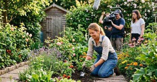 A passionate gardener working in a lush green garden, being filmed for gardening shows with colorful plants and fresh vegetables around.