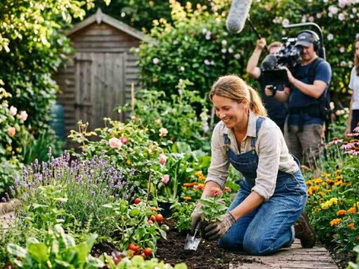 A passionate gardener working in a lush green garden, being filmed for gardening shows with colorful plants and fresh vegetables around.