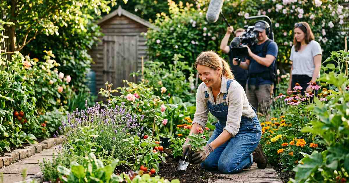A passionate gardener working in a lush green garden, being filmed for gardening shows with colorful plants and fresh vegetables around.