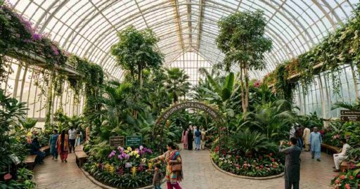 A stunning indoor botanical gardens near me inside a glass structure with tropical plants, tall trees, and visitors walking through lush green pathways.