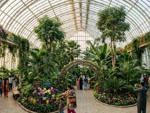 A stunning indoor botanical gardens near me inside a glass structure with tropical plants, tall trees, and visitors walking through lush green pathways.