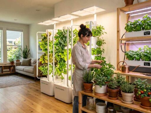 A modern indoor gardening systems setup with soil pots, hydroponic trays, and vertical towers growing fresh herbs under LED lights inside a bright home.