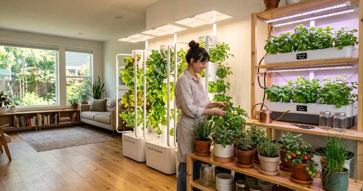 A modern indoor gardening systems setup with soil pots, hydroponic trays, and vertical towers growing fresh herbs under LED lights inside a bright home.