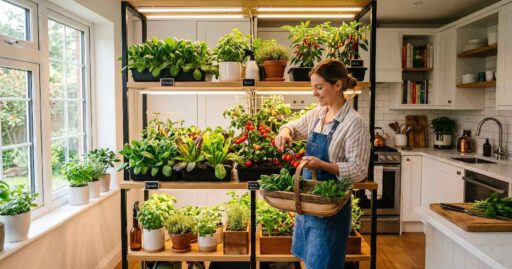 A bright home kitchen with fresh spinach, tomatoes, and herbs growing in containers under LED lights showing a complete indoor vegetable gardening setup.