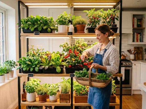 A bright home kitchen with fresh spinach, tomatoes, and herbs growing in containers under LED lights showing a complete indoor vegetable gardening setup.