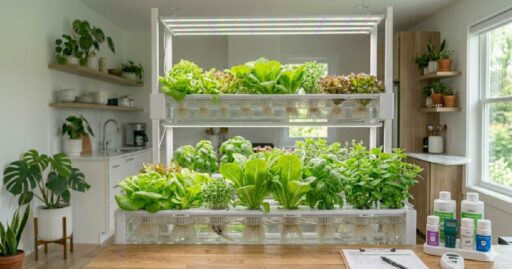 A modern indoor hydroponic gardens setup with lettuce, basil, and mint growing in water channels under LED grow lights inside a bright home.