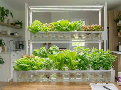 A modern indoor hydroponic gardens setup with lettuce, basil, and mint growing in water channels under LED grow lights inside a bright home.