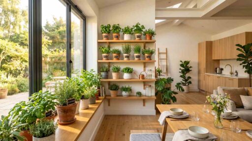 A bright modern home with multiple indoor herb gardening pots of basil, mint, and rosemary on wooden shelves and a sunny windowsill.