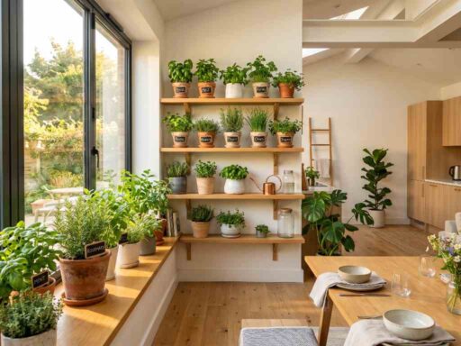 A bright modern home with multiple indoor herb gardening pots of basil, mint, and rosemary on wooden shelves and a sunny windowsill.