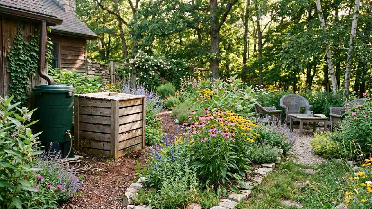 Lush backyard with compost bin, rain barrel, and native plants showing what sustainable gardening is in practice today.