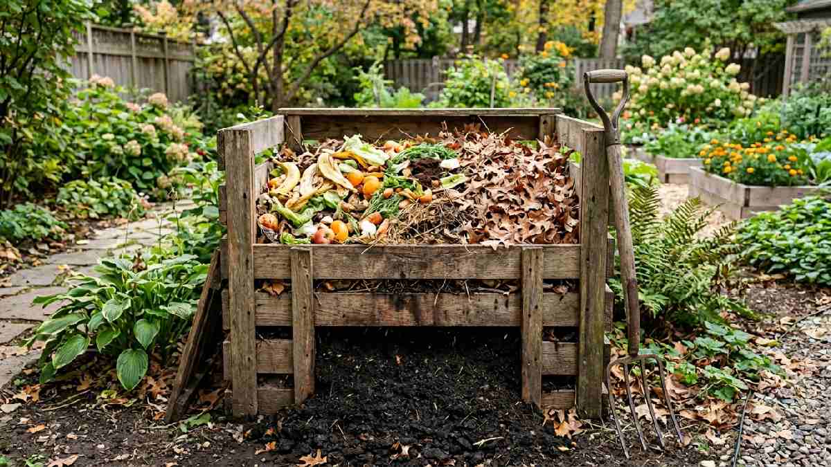 Wooden compost bin with vegetable scraps and leaves showing how to start composting at home easily.