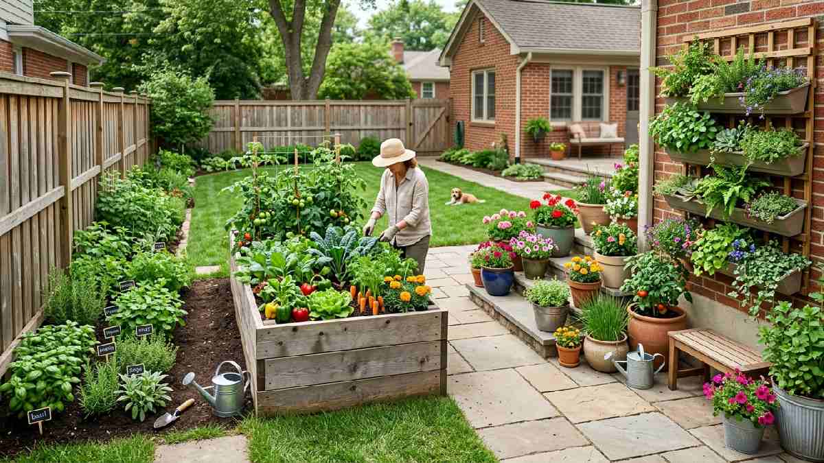 Raised beds, containers, vertical wall, and in-ground gardens shown together representing different types of home gardens to start. 