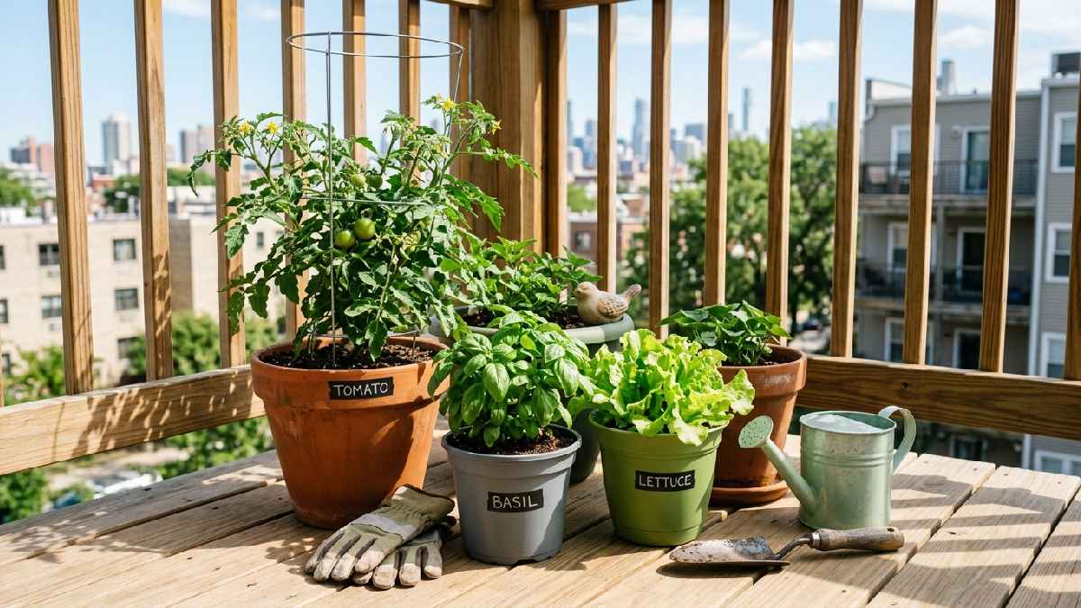 Terracotta and plastic pots with tomato basil and lettuce plants show what container gardening is for beginners today. 
