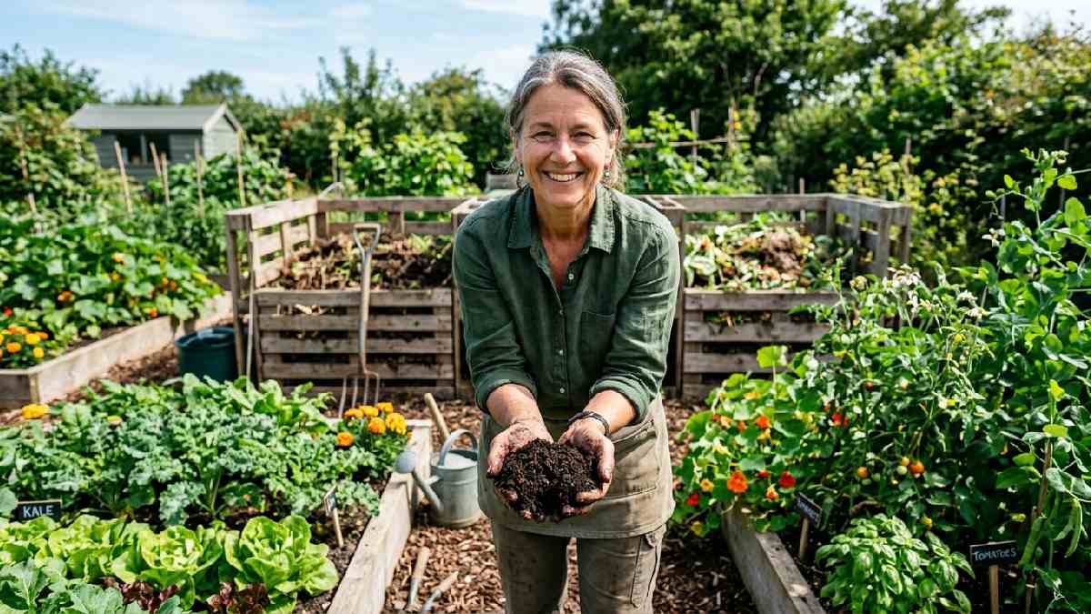 A gardener holding dark finished compost over thriving vegetable garden, showing key environmental and gardening benefits of composting at home.