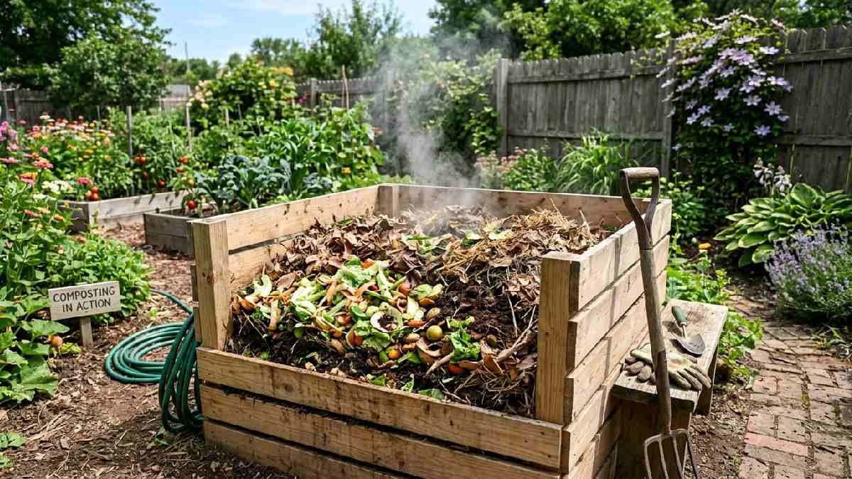 Wooden compost bin with green and brown layers showing signs of decomposition, explaining what a compost bin is and how it works. 