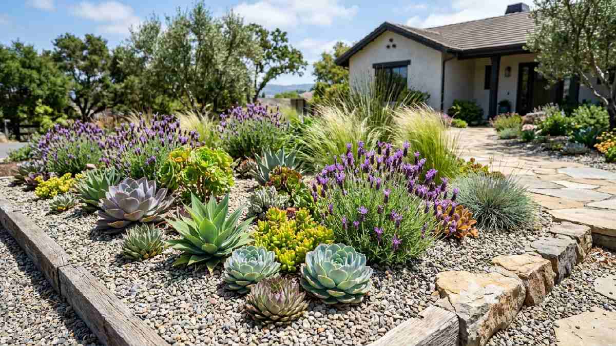 Succulents, lavender, and ornamental grasses show how to choose drought-tolerant plants for water-wise gardens.