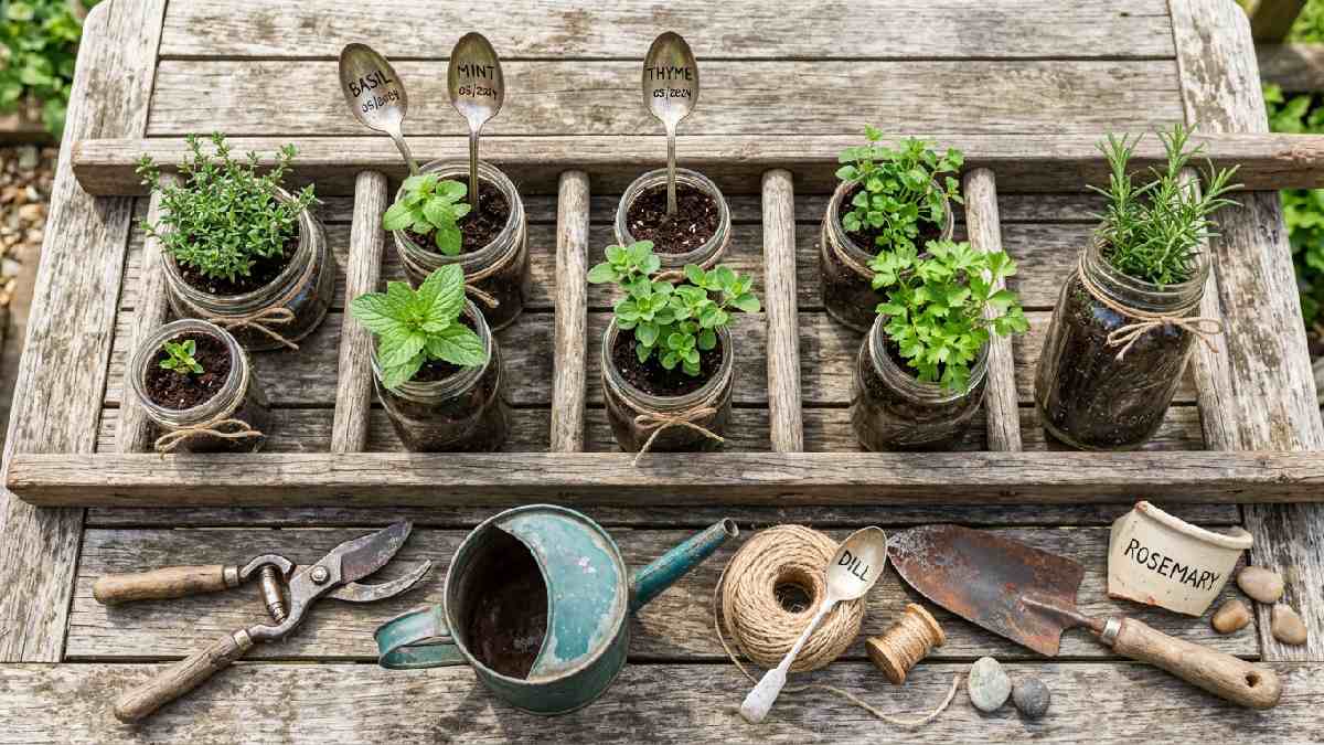 Old spoons mason jars and broken ladder repurposed as gardening tools showing creative household item reuse in the garden. 