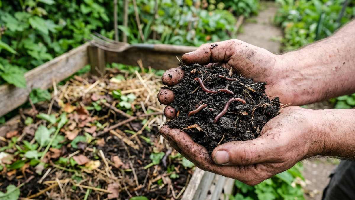 Hands holding rich soil with earthworms showing how to improve soil health naturally in home gardens.