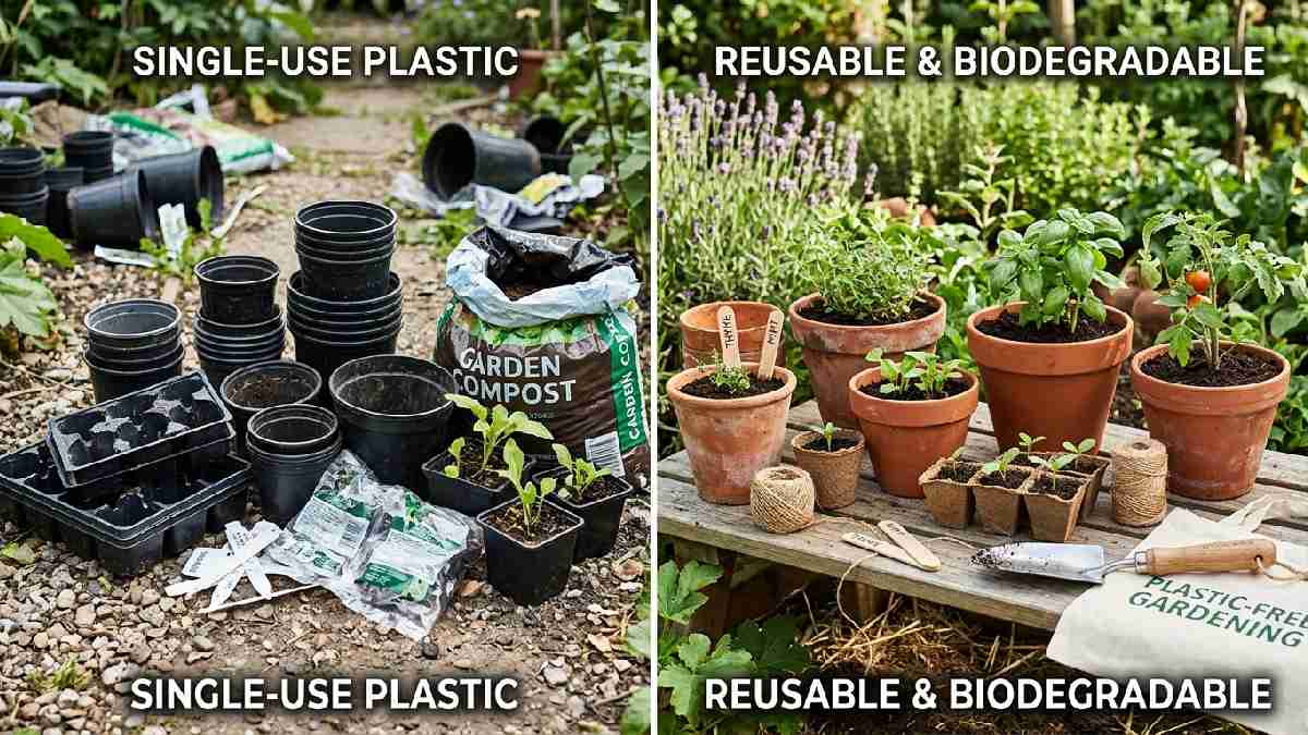 Single-use plastic pots versus reusable terracotta pots showing how to avoid plastic products in zero waste gardening. 